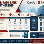 Corporate infographic about the iDenfy and RATO Bank KYC partnership, featuring AI-powered identity verification, secure digital onboarding, compliance tools, fraud detection, and banking security visuals in a modern red, blue, and beige design.