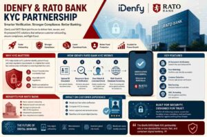 Corporate infographic about the iDenfy and RATO Bank KYC partnership, featuring AI-powered identity verification, secure digital onboarding, compliance tools, fraud detection, and banking security visuals in a modern red, blue, and beige design.